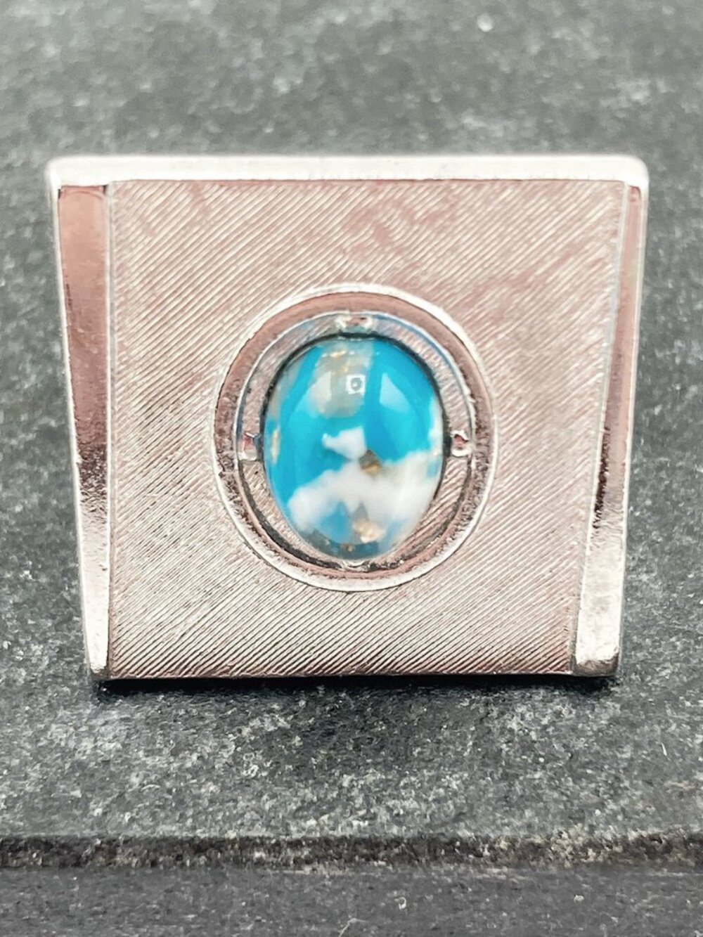 ANSON Vintage gold flecked turquoise lucite silver tone metal square cuff links - Picture 6 of 10